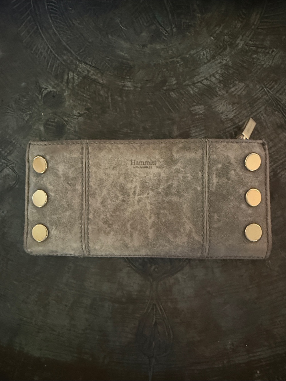 Hammitt 110 Leather Zip Wallet Pewter with Gold Studs